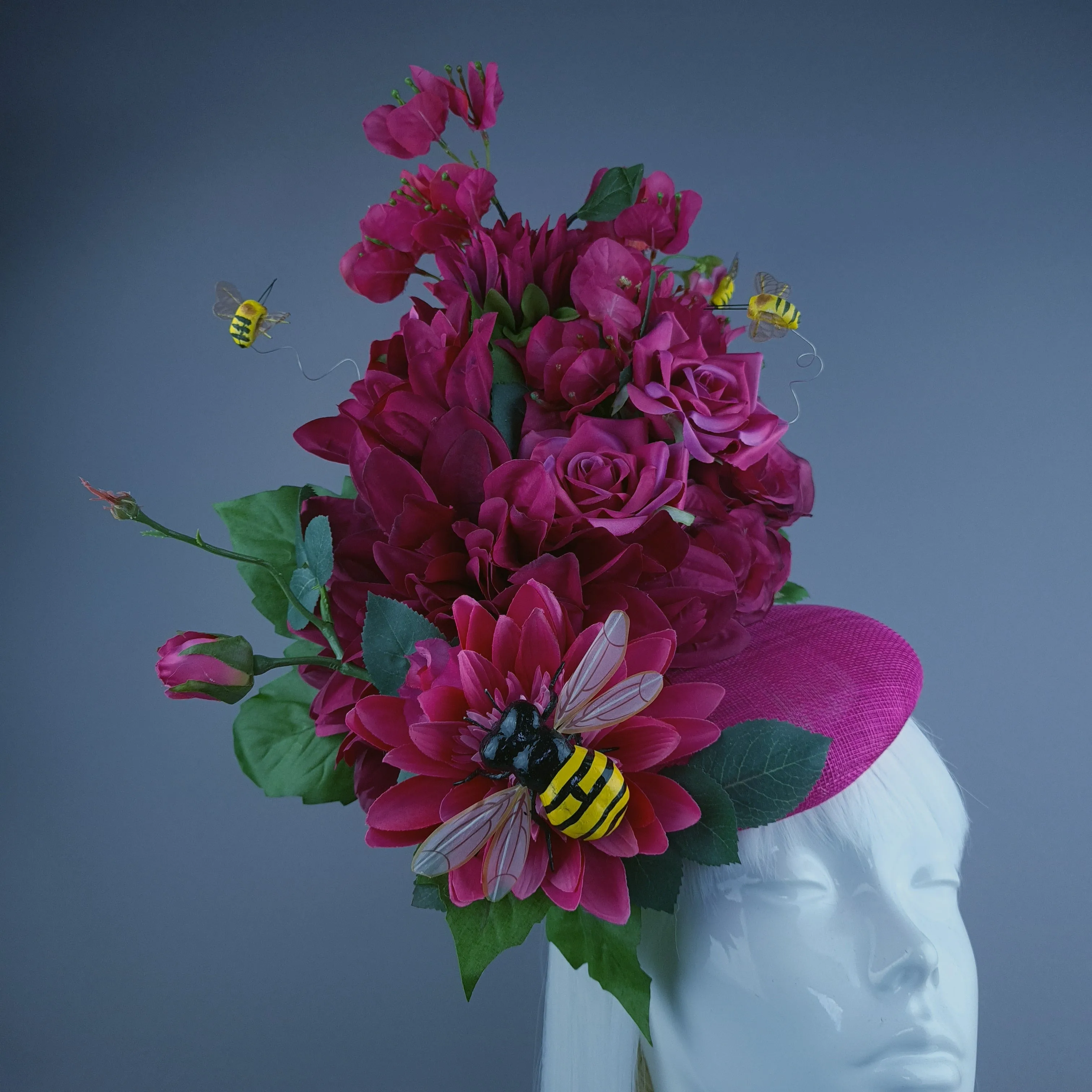 "Julane" Pink Flower & Bee Statement Fascinator Hat