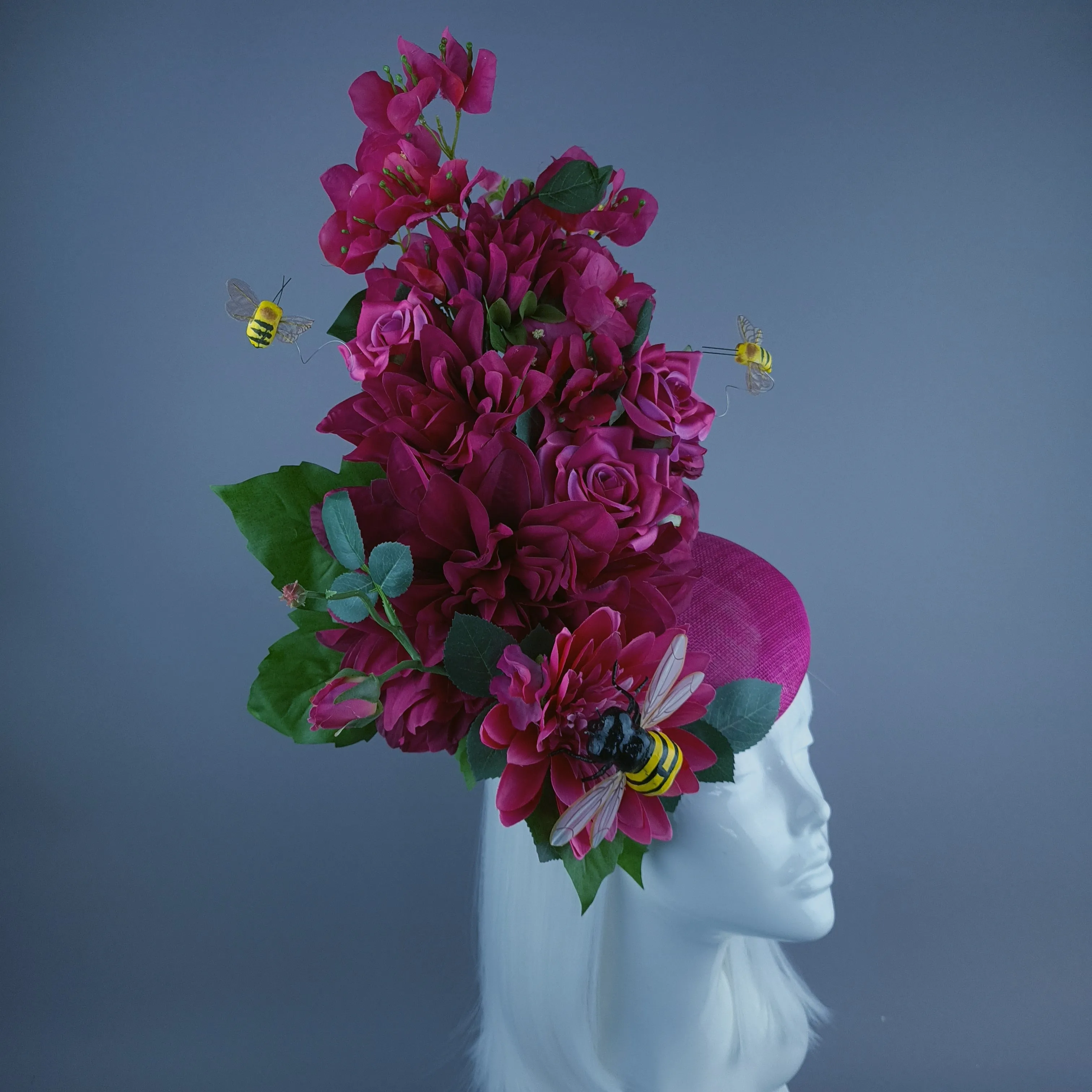 "Julane" Pink Flower & Bee Statement Fascinator Hat