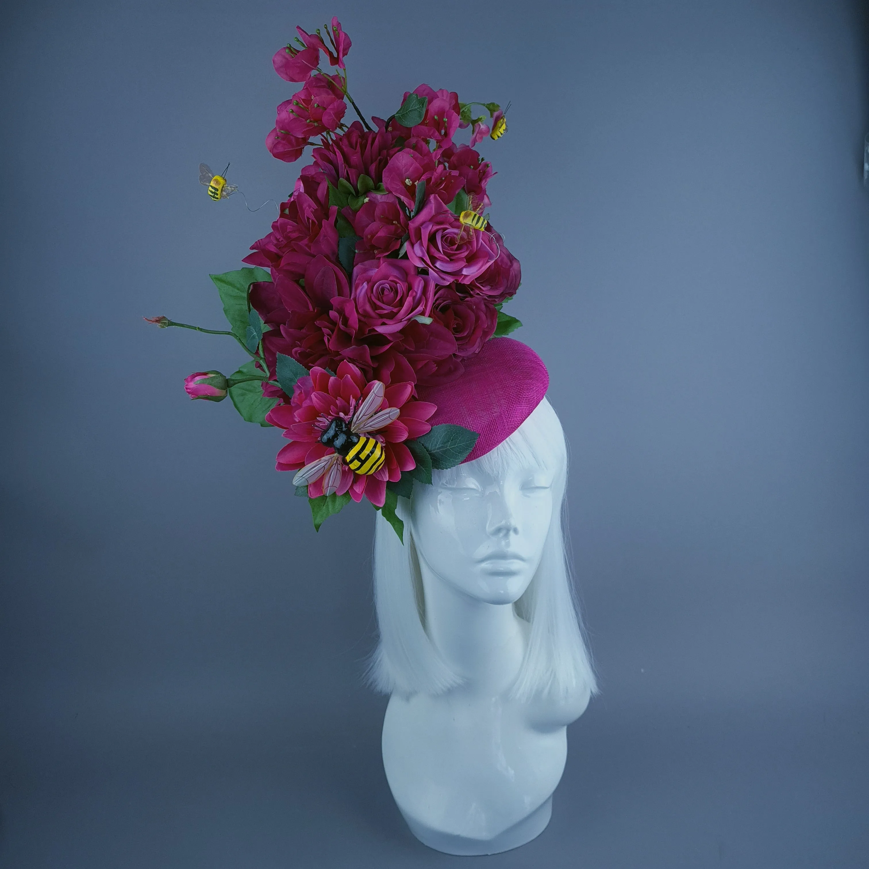 "Julane" Pink Flower & Bee Statement Fascinator Hat