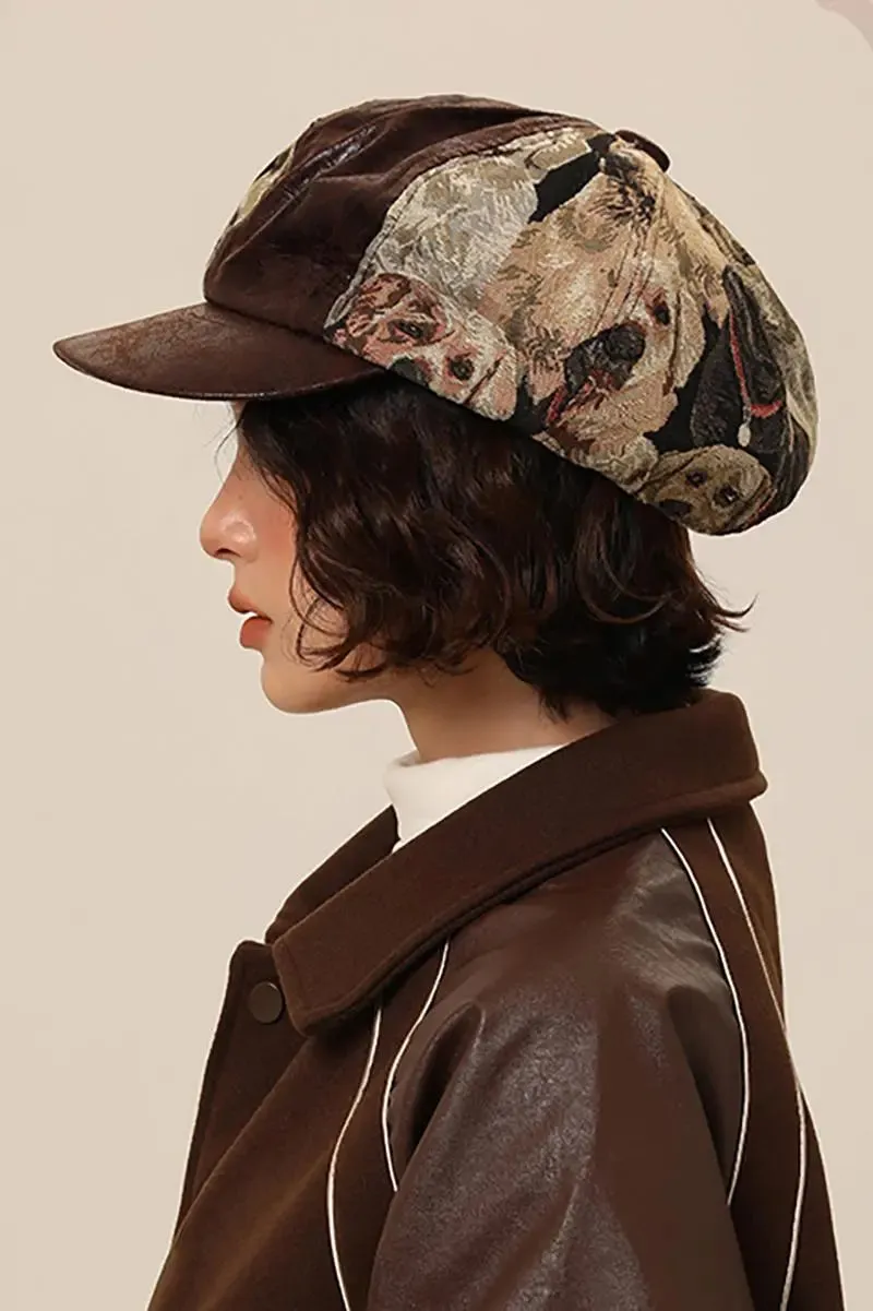 Vintage Patchwork Puppy Print Newsboy Cap