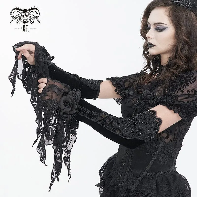 Women's Gothic Floral Beaded Velvet Gloves