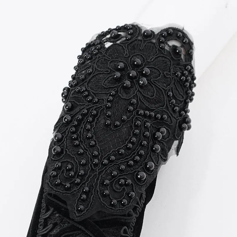 Women's Gothic Floral Beaded Velvet Gloves